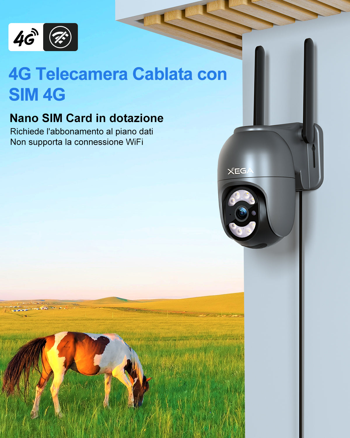 【2° articolo a soli 19,99 €】Xega Telecamera Cablata 4G Esterno Con SIM Registrazione 24/7 Senza WiFi | Tracciamento Automatico, 2K HD, Rotazione 355°/100°, Rilevamento Movimento