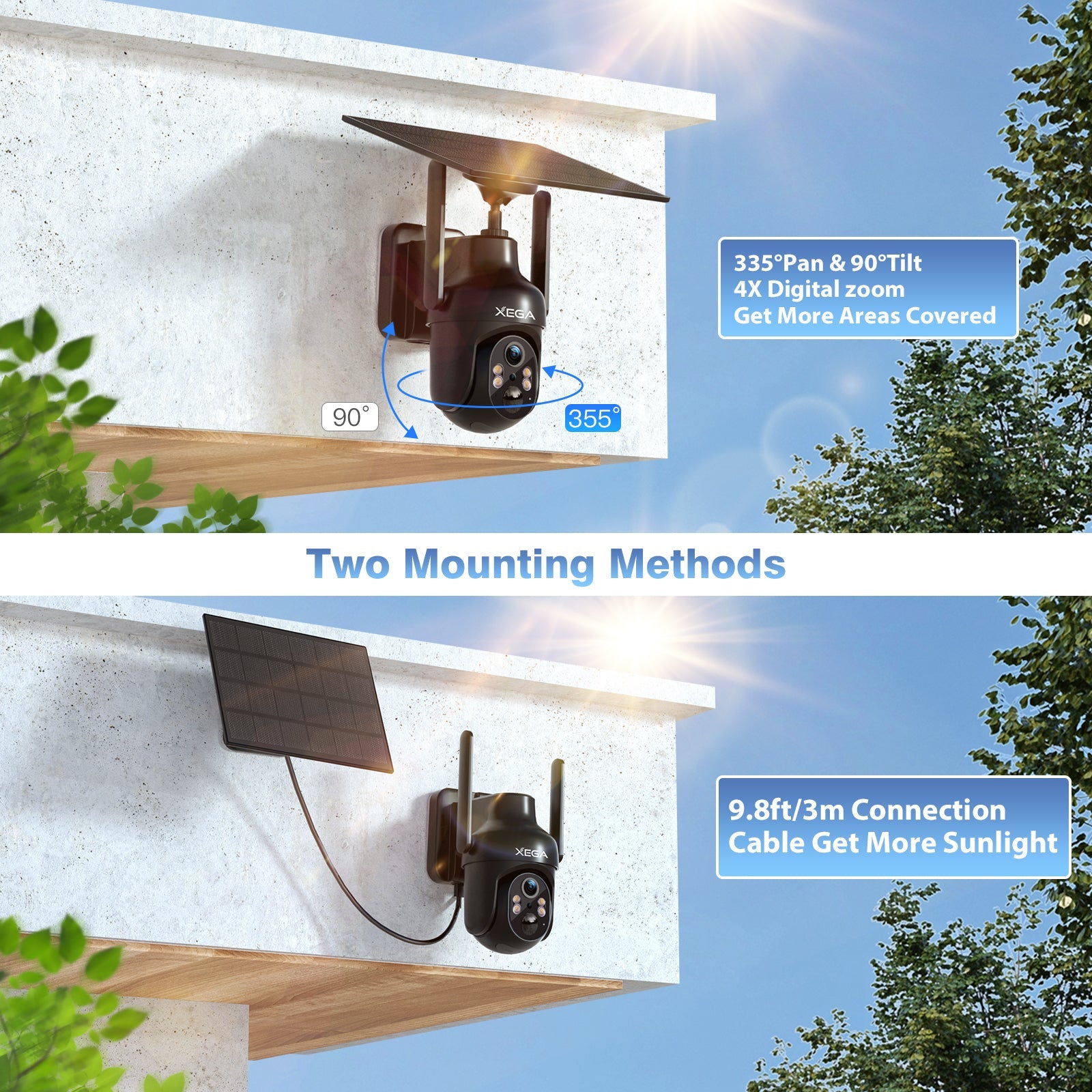 Xega HD PTZ Wireless Outdoor IP Camera Surveillance Rechargeable Battery with Solar Panel, IR Night Vision, 2-Way Audio, PIR Human Detection.