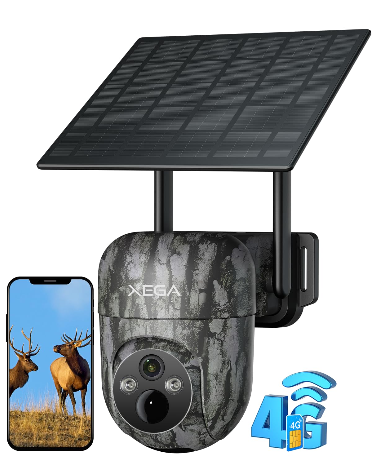 XEGA 4G LTE Camera de Chasse avec Carte Sim, 2K 3MP IP Caméra Solaire Extérieure sans Fil à Batterie, PTZ Projecteur/Sirène Détection de Mouvement Personnalisée