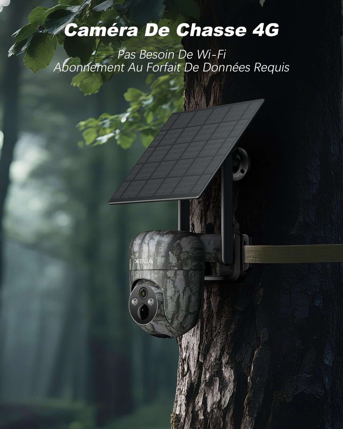 XEGA 4G LTE Camera de Chasse avec Carte Sim, 2K 3MP IP Caméra Solaire Extérieure sans Fil à Batterie, PTZ Projecteur/Sirène Détection de Mouvement Personnalisée