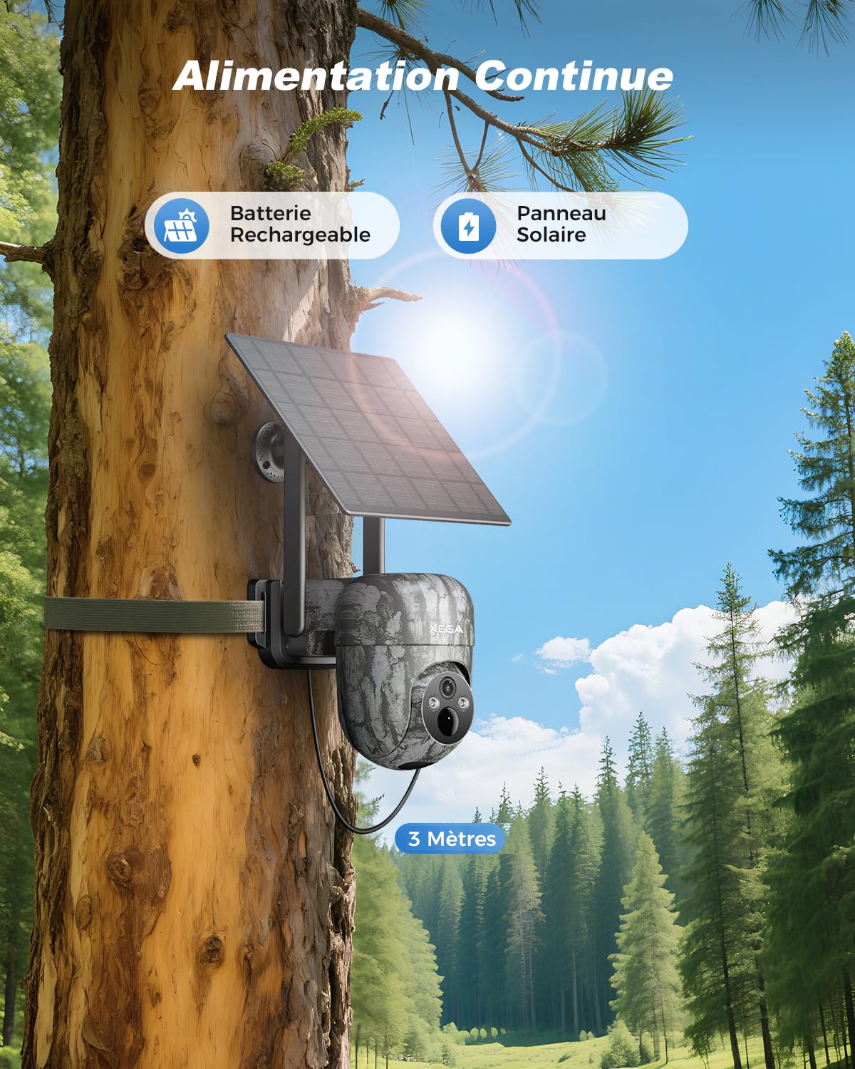 XEGA 4G LTE Camera de Chasse avec Carte Sim, 2K 3MP IP Caméra Solaire Extérieure sans Fil à Batterie, PTZ Projecteur/Sirène Détection de Mouvement Personnalisée