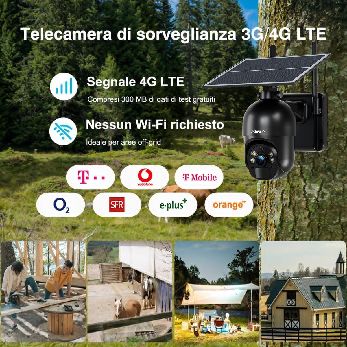 Xega 4G LTE Telecamera Solare Esterno con SIM Scheda 2K HD PTZ Senza Fili | 355°/95°Telecamere