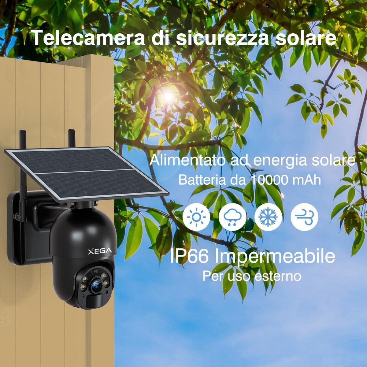 Xega 4G LTE Telecamera Solare Esterno con SIM Scheda 2K HD PTZ Senza Fili | 355°/95°Telecamere