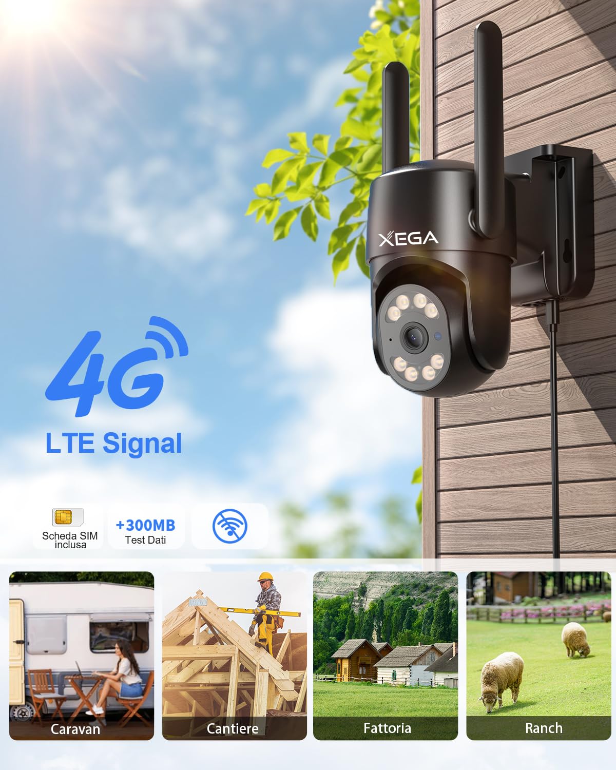 【2° articolo a soli 19,99 €】Xega 4G Telecamera Esterno con Scheda SIM【24/7 Registrazione】 Cablato