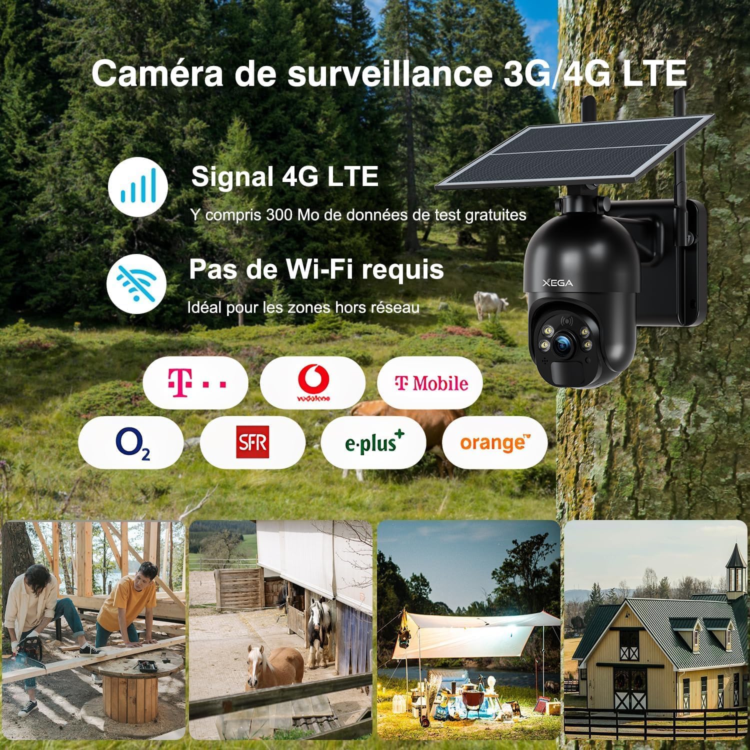 Xega 4G LTE Telecamera Solare Esterno con SIM Scheda 2K HD PTZ Senza Fili | 355°/95°Telecamere