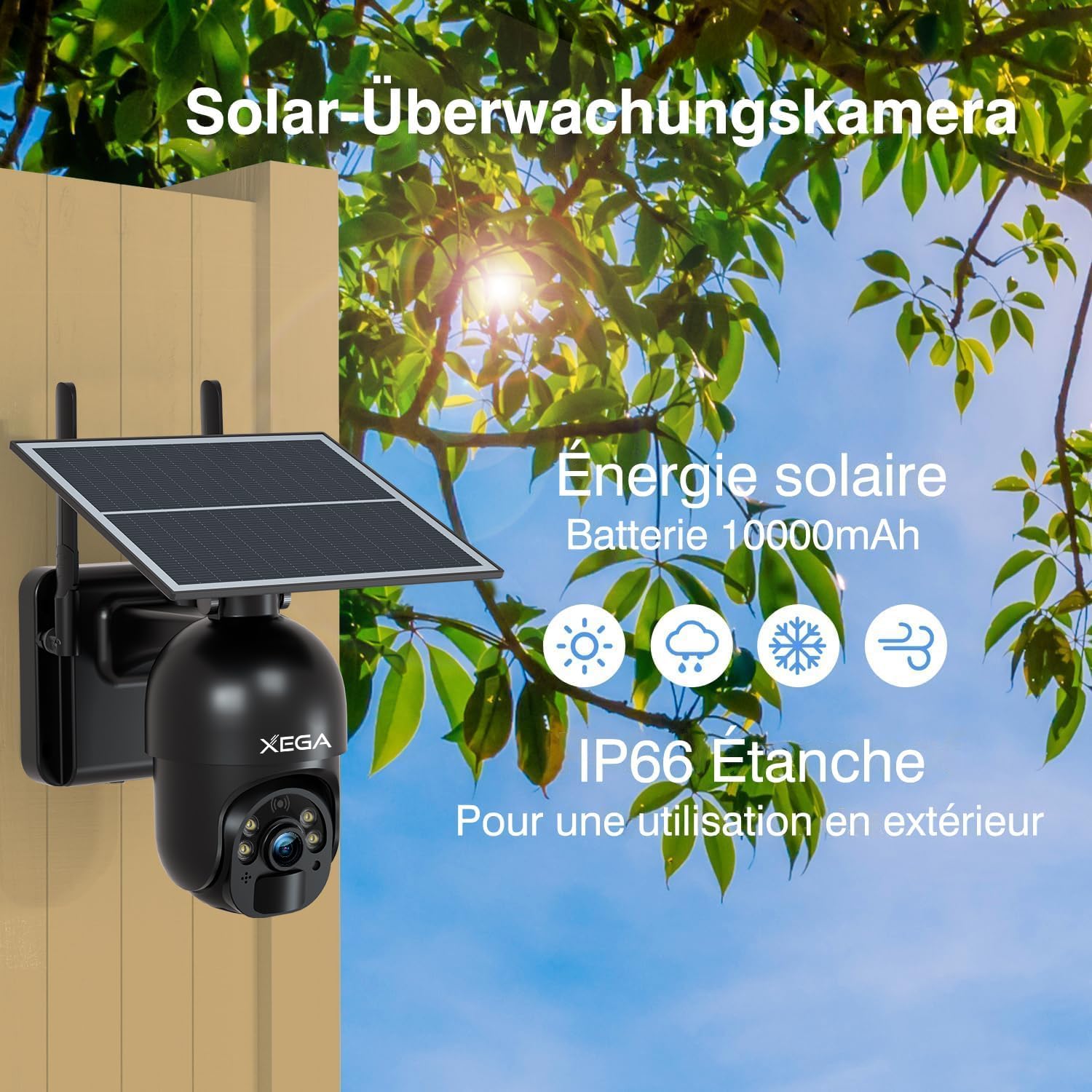 Xega 4G LTE Telecamera Solare Esterno con SIM Scheda 2K HD PTZ Senza Fili | 355°/95°Telecamere