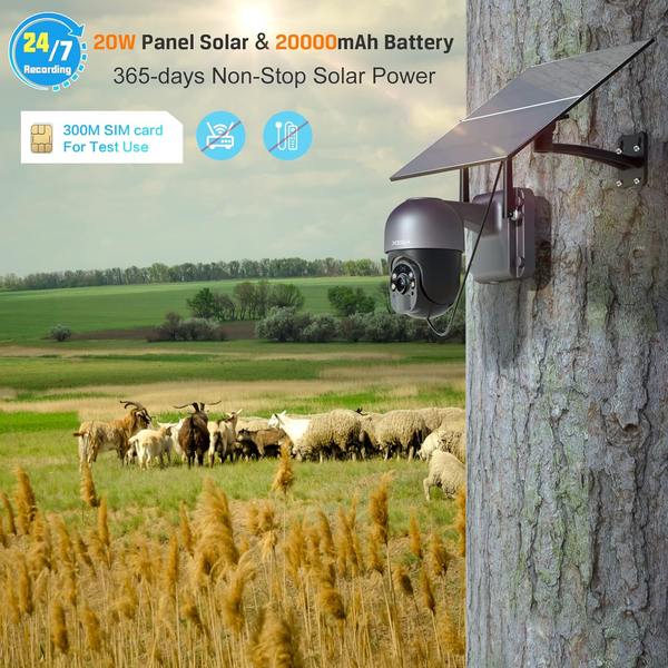 Xega Telecamera con SIM 4G da Esterno【20W Pannello Solare】 20.000mAh Batteria Registrazione Continua 24/7 2K 4G SIM Scheda Telecamere Senza Fili,Visione Notturna, Rilevamento del Movimento PIR,IP66