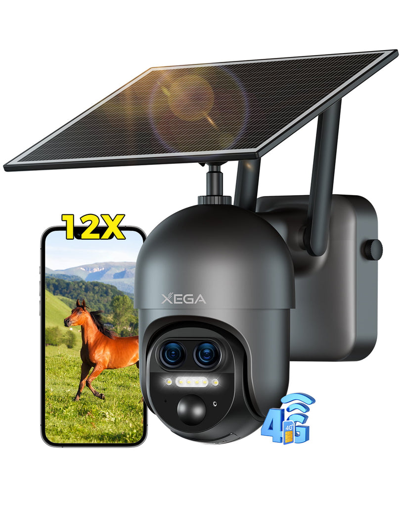 Xega XG-16 4G LTE 12X Zoom Ibrido Telecamera Esterno con SIM Scheda,2K HD PTZ Doppio Obiettivo，30m Visione Notturna,AI Détection Humaine,TF/Cloud