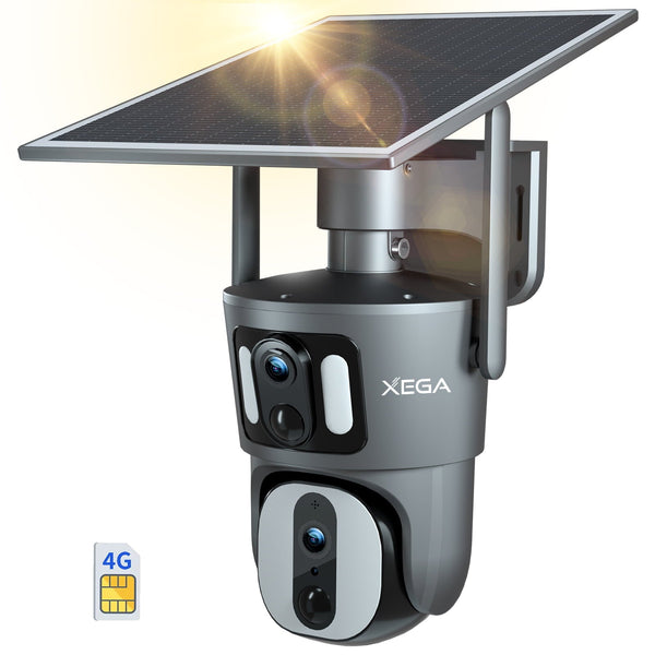 Xega 4G LTE Telecamera Solare Esterno Collegamento a doppia lente con SIM Scheda 1080P Vista a 360° Doppio Schermo Visione Notturna a Colori Audio Bidirezionale IP66 Impermeabile