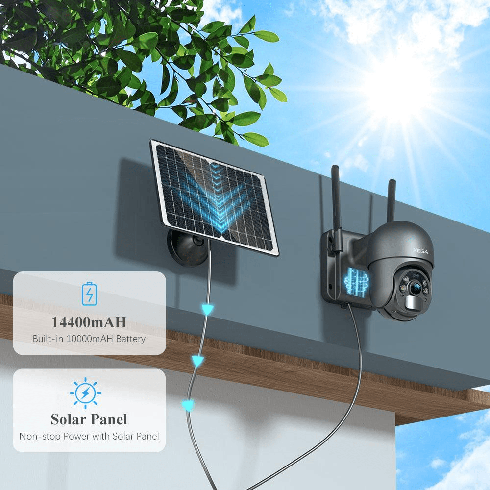 Xega 3G/4G LTE Telecamera Solare Esterno con SIM Scheda 2K HD 355°/95° PTZ Telecamere Senza Fili con Pannello Solare Batterie Visione Notturna Rilevamento del Movimento Audio Bidirezionale Rotazione