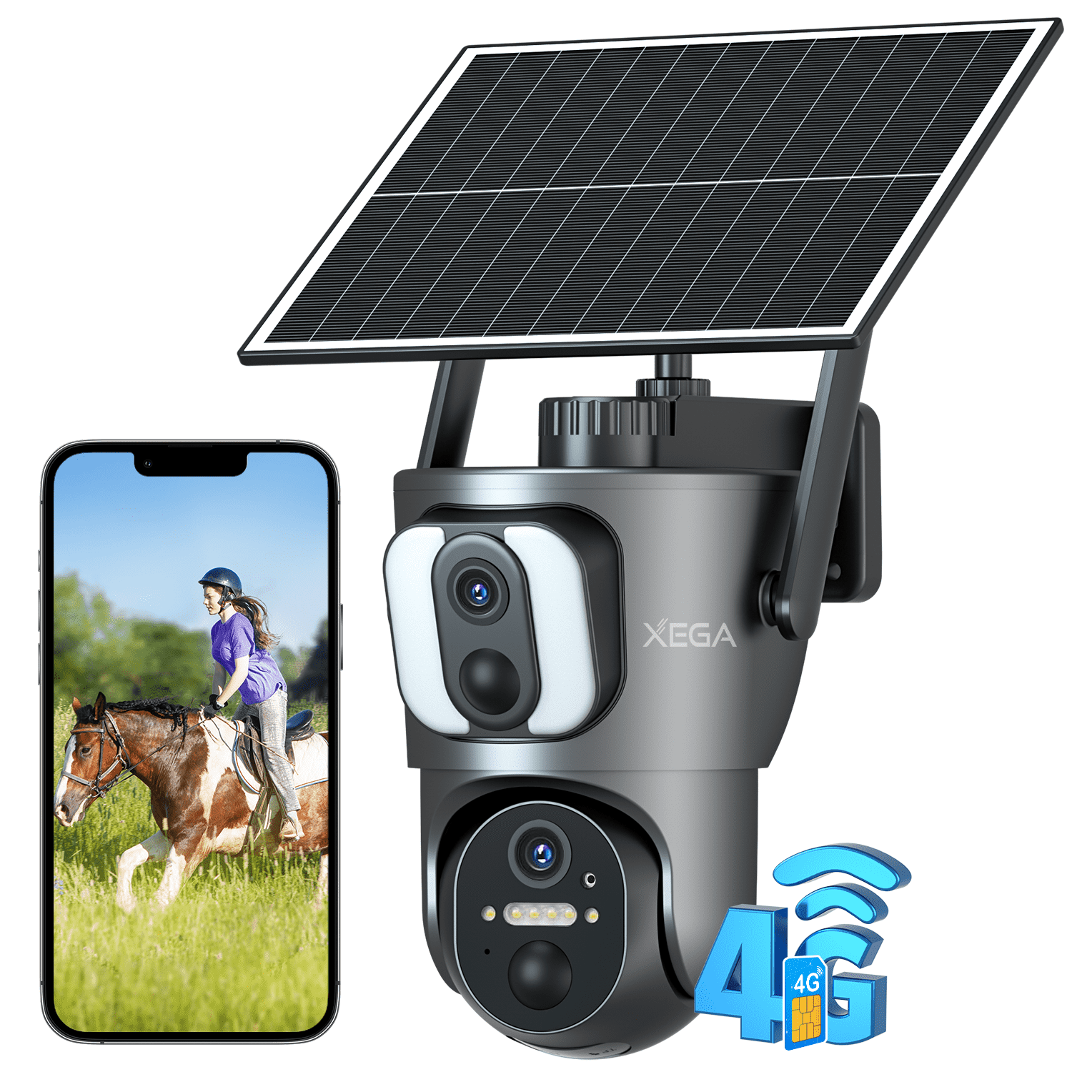Xega XG-08 Dual Lens 4G LTE Outdoor Camera - 2K HD, 14400mAh Solar, PTZ, Motion Detection/ Spotlight & Siren (Built-in SIM)