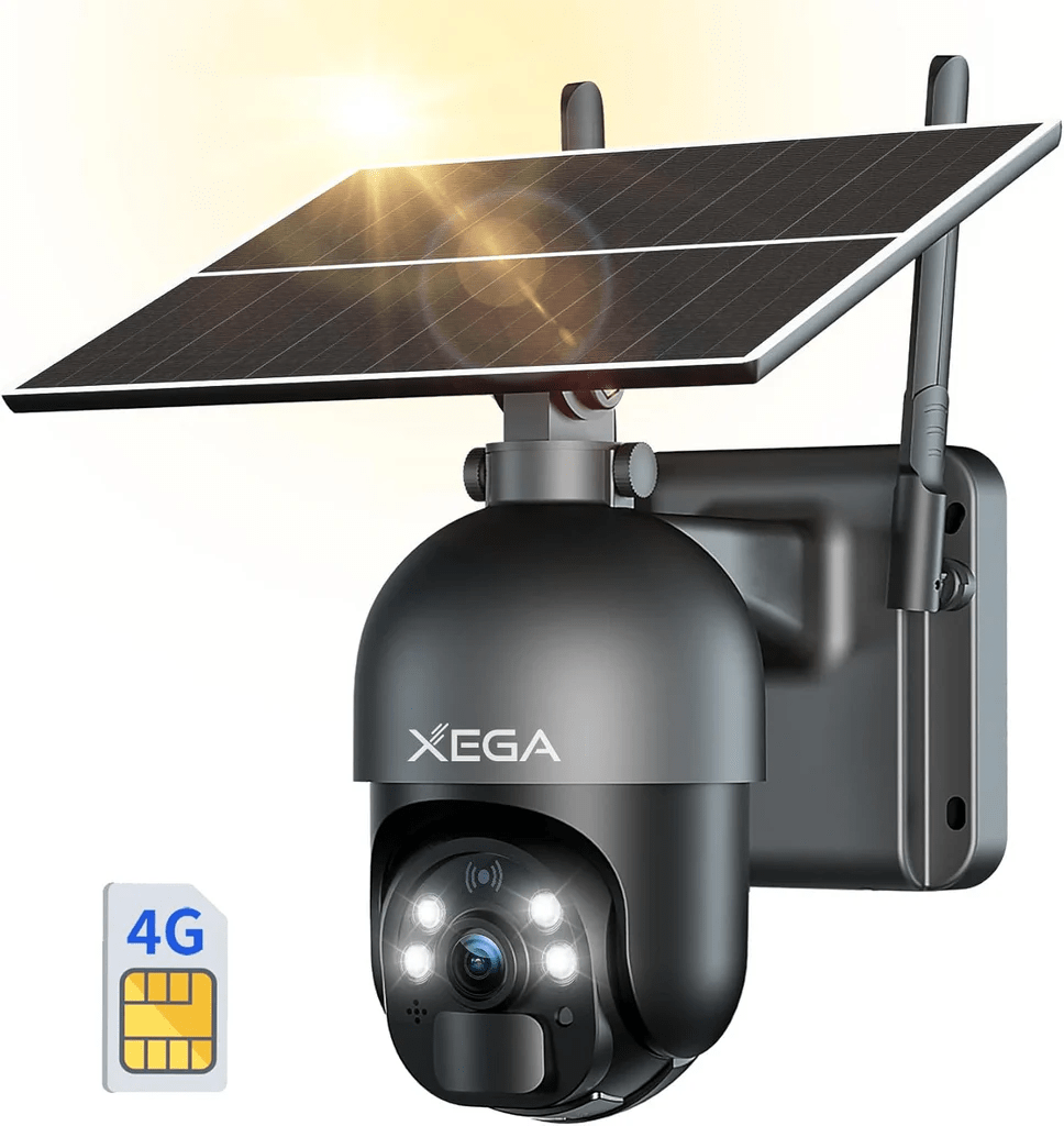 Xega 3G/4G LTE Telecamera Solare Esterno con SIM Scheda 2K HD 355°/95° PTZ Telecamere Senza Fili con Pannello Solare Batterie Visione Notturna Rilevamento del Movimento Audio Bidirezionale Rotazione