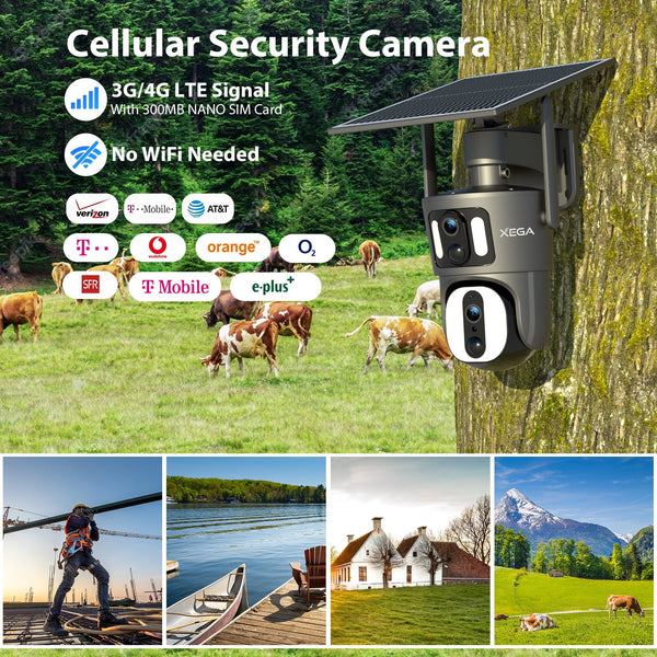 Xega 4G LTE Telecamera Solare Esterno Collegamento a doppia lente con SIM Scheda 1080P Vista a 360° Doppio Schermo Visione Notturna a Colori Audio Bidirezionale IP66 Impermeabile