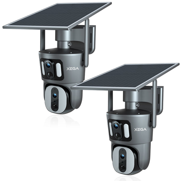 Xega 4G LTE Telecamera Solare Esterno Collegamento a doppia lente con SIM Scheda 1080P Vista a 360° Doppio Schermo Visione Notturna a Colori Audio Bidirezionale IP66 Impermeabile