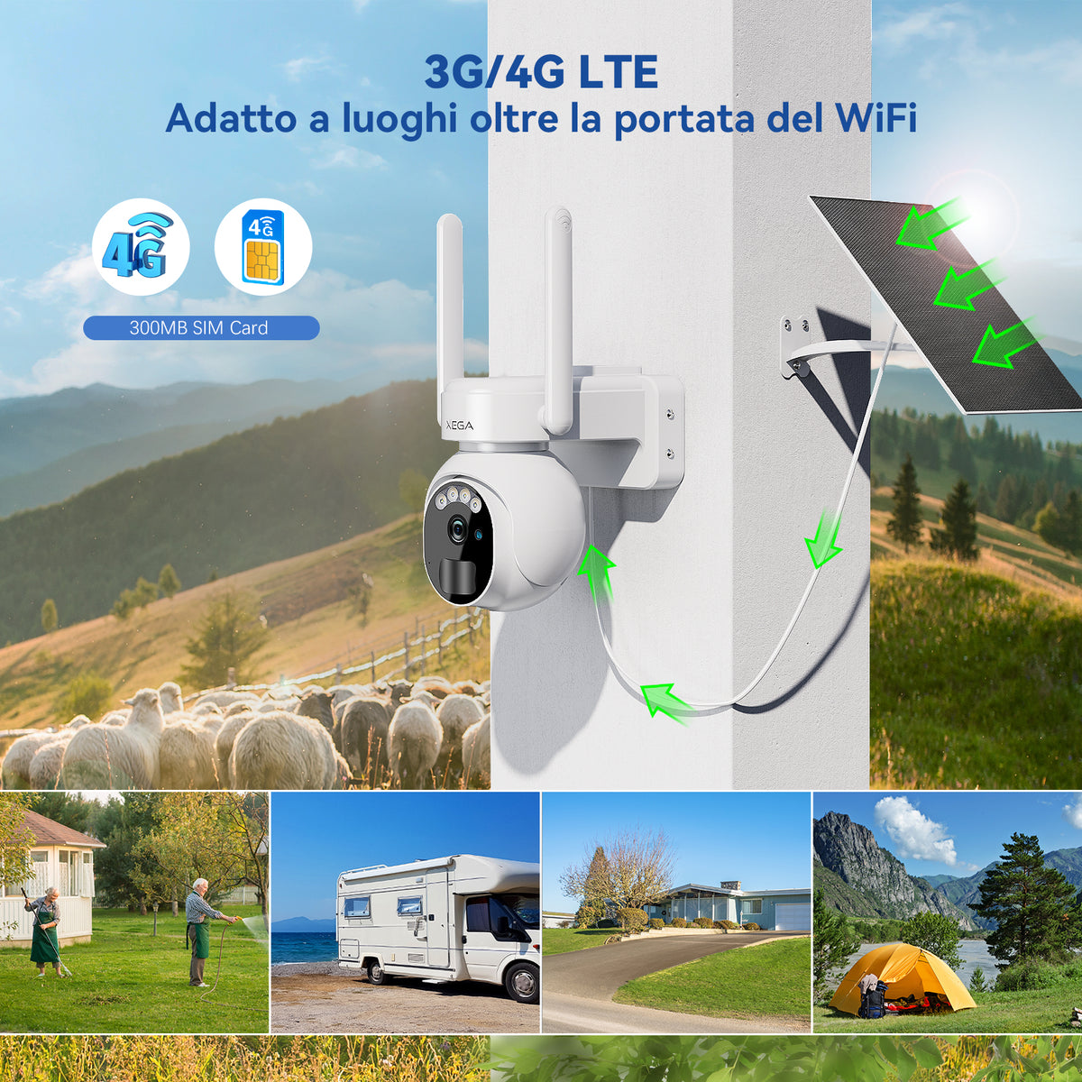 XEGA Telecamera Solare 4G 2K PTZ con SIM e Batteria da 8000 mAh