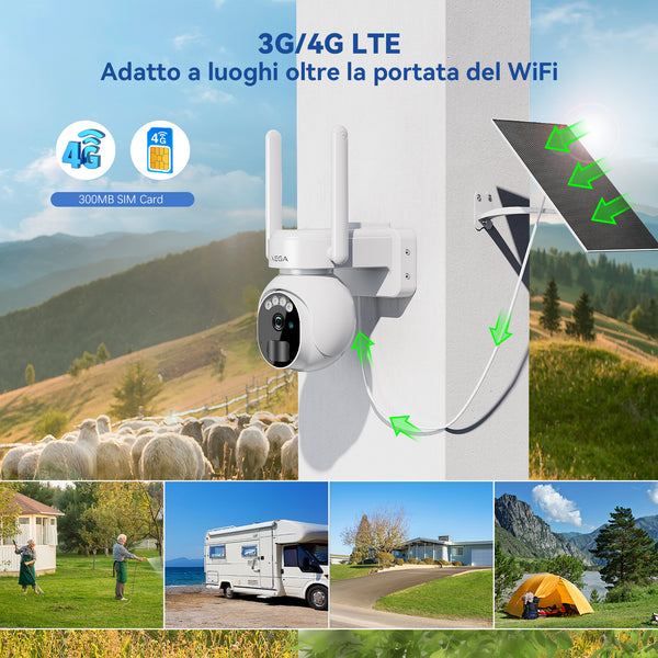 XEGA Telecamera Solare 4G 2K PTZ con SIM e Batteria da 8000 mAh