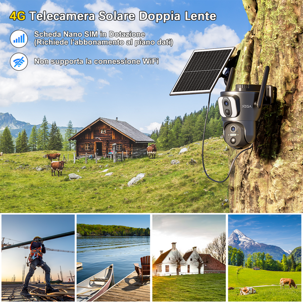 XEGA Telecamera 4G da Esterno con SIM, Pannello Solare, Doppio Obiettivo, 14400 mAh