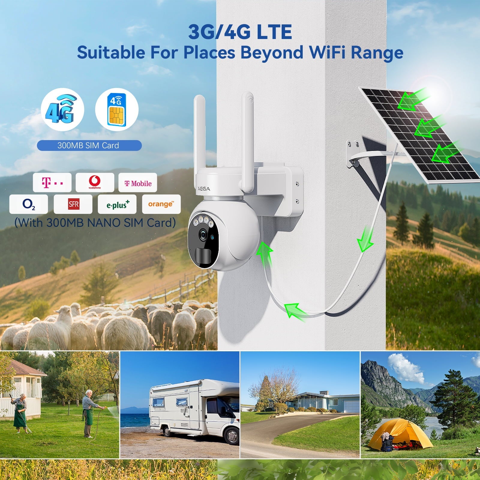 Xega XG-07 4G LTE Security Camera No WiFi With SIM Card 2K Super HD, PIR Motion Sensor, Colour Night Vision, 2 Way Talk,Smart Detection,IP66.