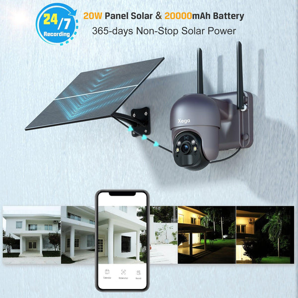 Xega Solar No WiFi Security Camera Wireless Outdoor 4G LTE Cellular Security Camera with 20W Solar Panel 20000mAh Built-in Battery - Xegatech