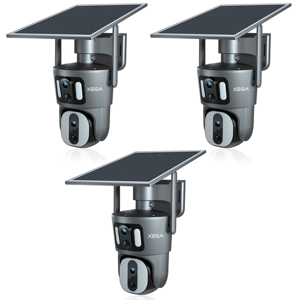 Xega 4G LTE Telecamera Solare Esterno Collegamento a doppia lente con SIM Scheda 1080P Vista a 360° Doppio Schermo Visione Notturna a Colori Audio Bidirezionale IP66 Impermeabile