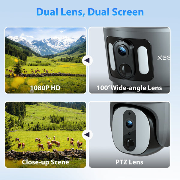 Xega 4G LTE Telecamera Solare Esterno Collegamento a doppia lente con SIM Scheda 1080P Vista a 360° Doppio Schermo Visione Notturna a Colori Audio Bidirezionale IP66 Impermeabile