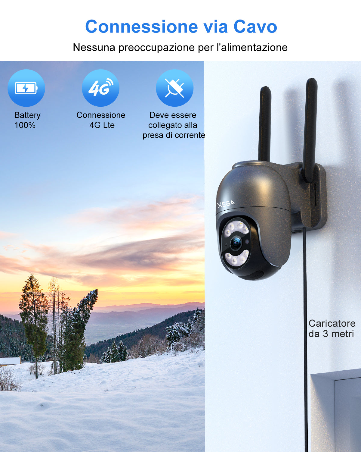 【2° articolo a soli 19,99 €】Xega Telecamera Cablata 4G Esterno Con SIM Registrazione 24/7 Senza WiFi | Tracciamento Automatico, 2K HD, Rotazione 355°/100°, Rilevamento Movimento