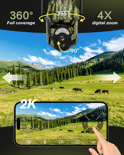 Xega XG-15 4G LTE Solar-Powered Wildlife Camera ¨C 2K PTZ Color Night Vision, Live Streaming, PIR Motion Detection, Cloud Storage/TF Card.