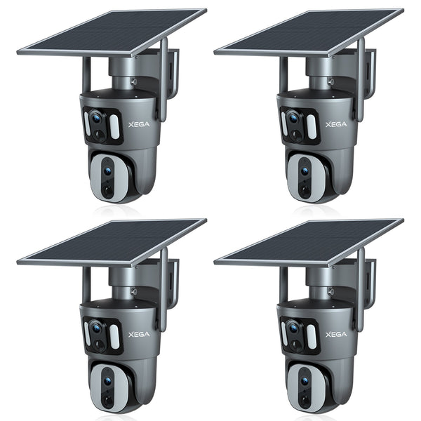 Xega 4G LTE Telecamera Solare Esterno Collegamento a doppia lente con SIM Scheda 1080P Vista a 360° Doppio Schermo Visione Notturna a Colori Audio Bidirezionale IP66 Impermeabile