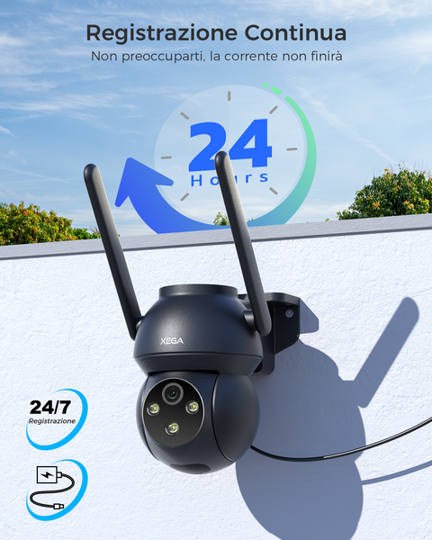 XEGA Telecamera 4G Cablata 2K con Registrazione 24/7 e Tracciamento Automatico