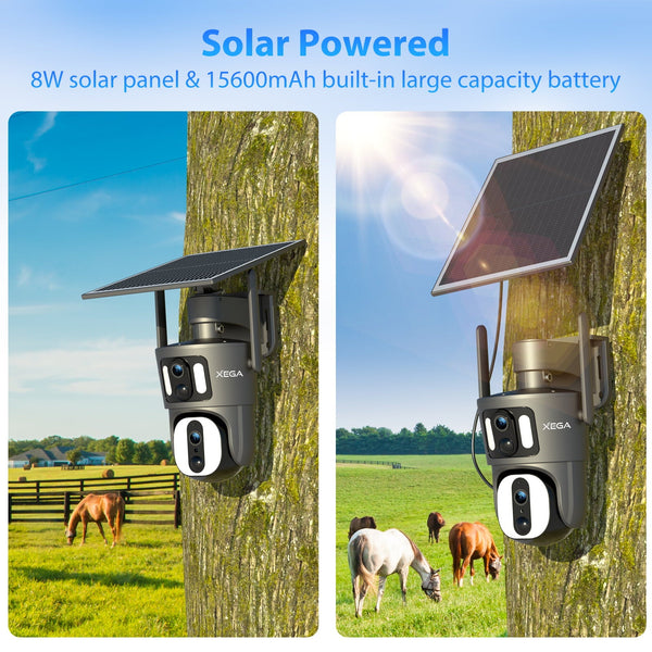 Xega 4G LTE Telecamera Solare Esterno Collegamento a doppia lente con SIM Scheda 1080P Vista a 360° Doppio Schermo Visione Notturna a Colori Audio Bidirezionale IP66 Impermeabile