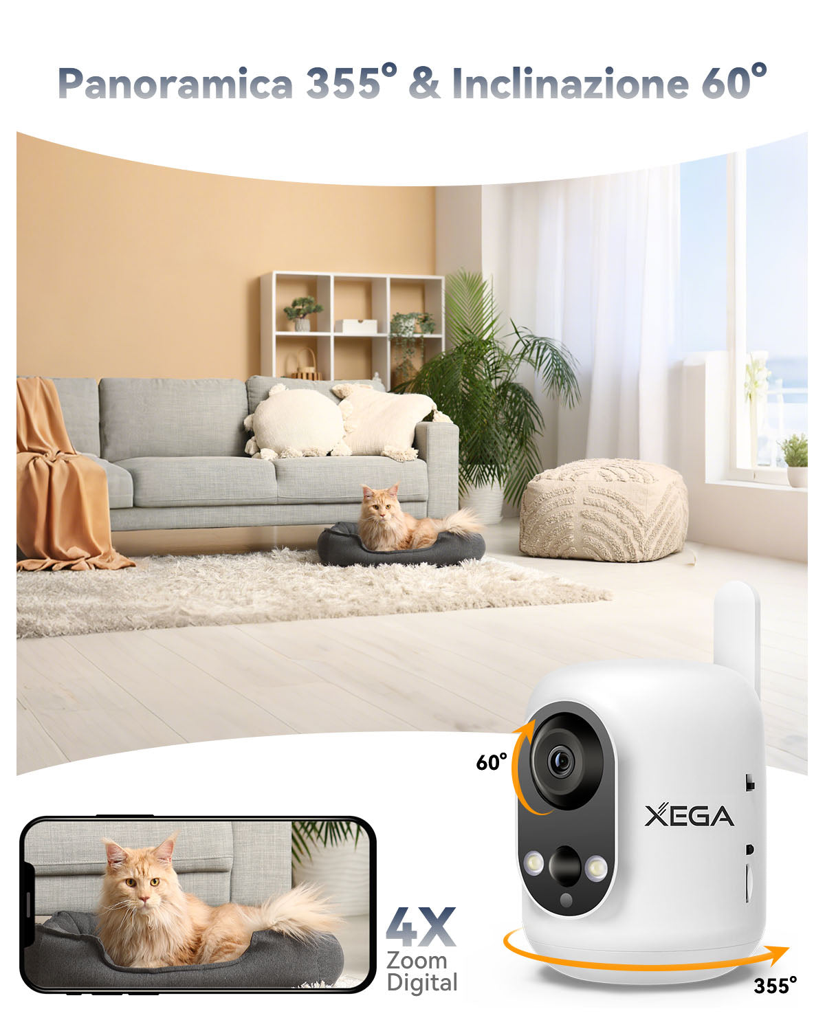 Xega 4G Telecamera Interno con SIM Senza Fili,355°P/60°T,Batteria 6000mAh,Rilevamento PIR