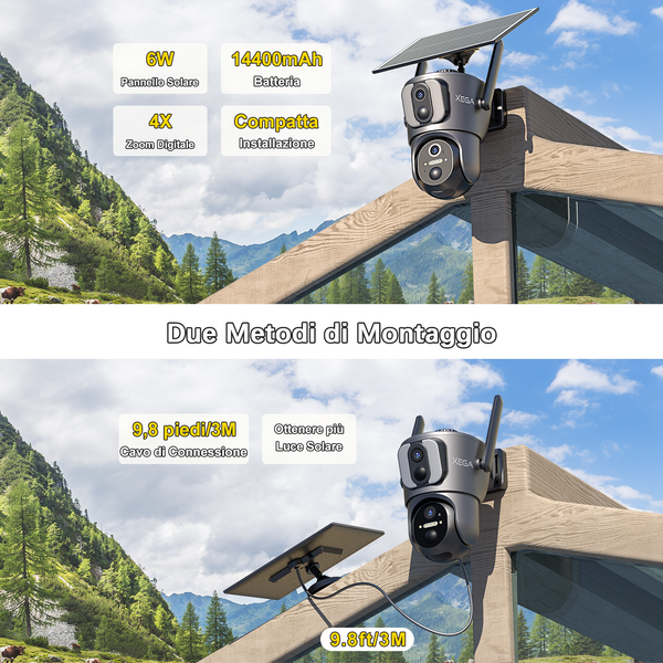 XEGA Telecamera 4G da Esterno con SIM, Pannello Solare, Doppio Obiettivo, 14400 mAh
