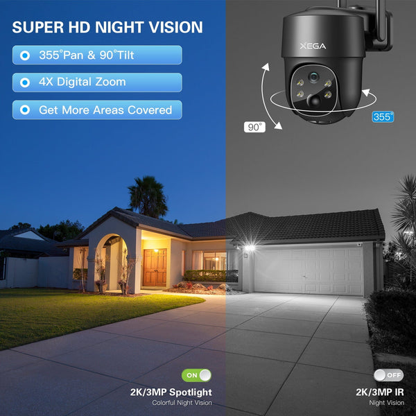 Xega 4G Telecamera Solare Esterno con SIM Scheda, 2K HD PTZ Telecamere Senza Fili con Pannello Solare Batterie, Visione Notturna, Rilevamento del Movimento, Audio Bidirezionale, Rotazione 355°/90°
