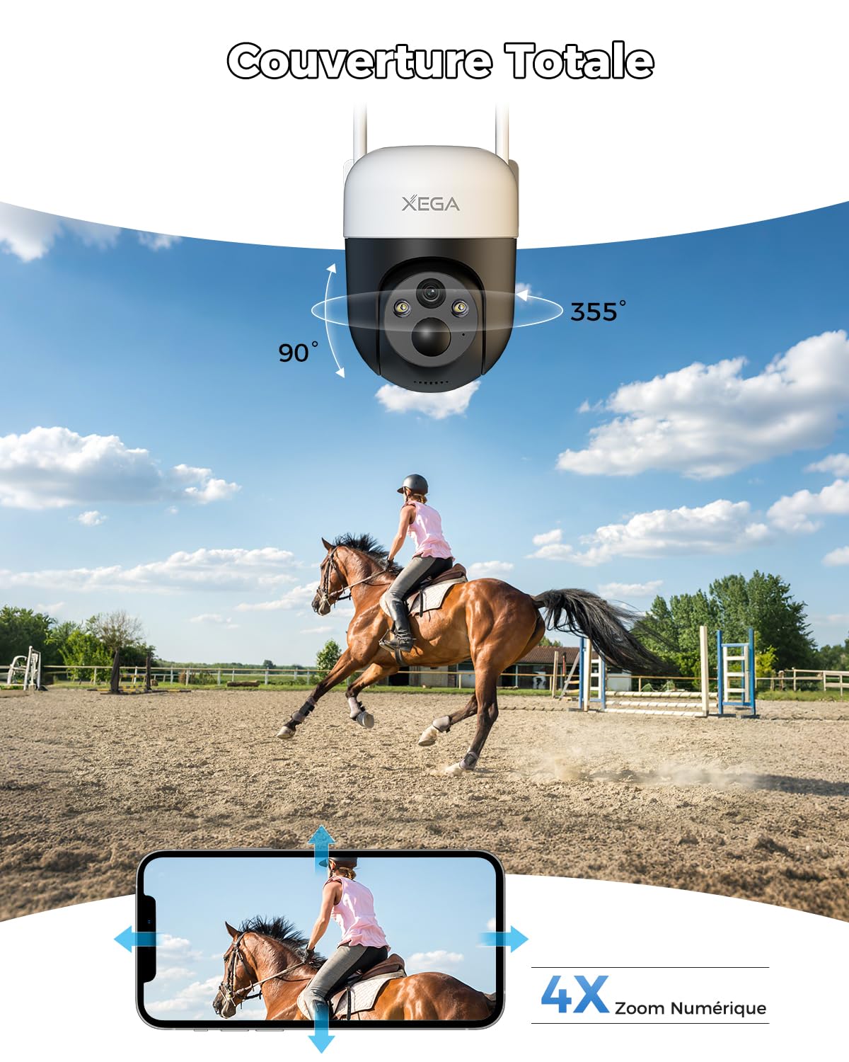 XEGA 4G LTE Camera Solaire avec Carte SIM, 3MP IP Caméra Surveillance Extérieure sans Fil à Batterie, PTZ Détection de Mouvement Personnalisée Projecteur