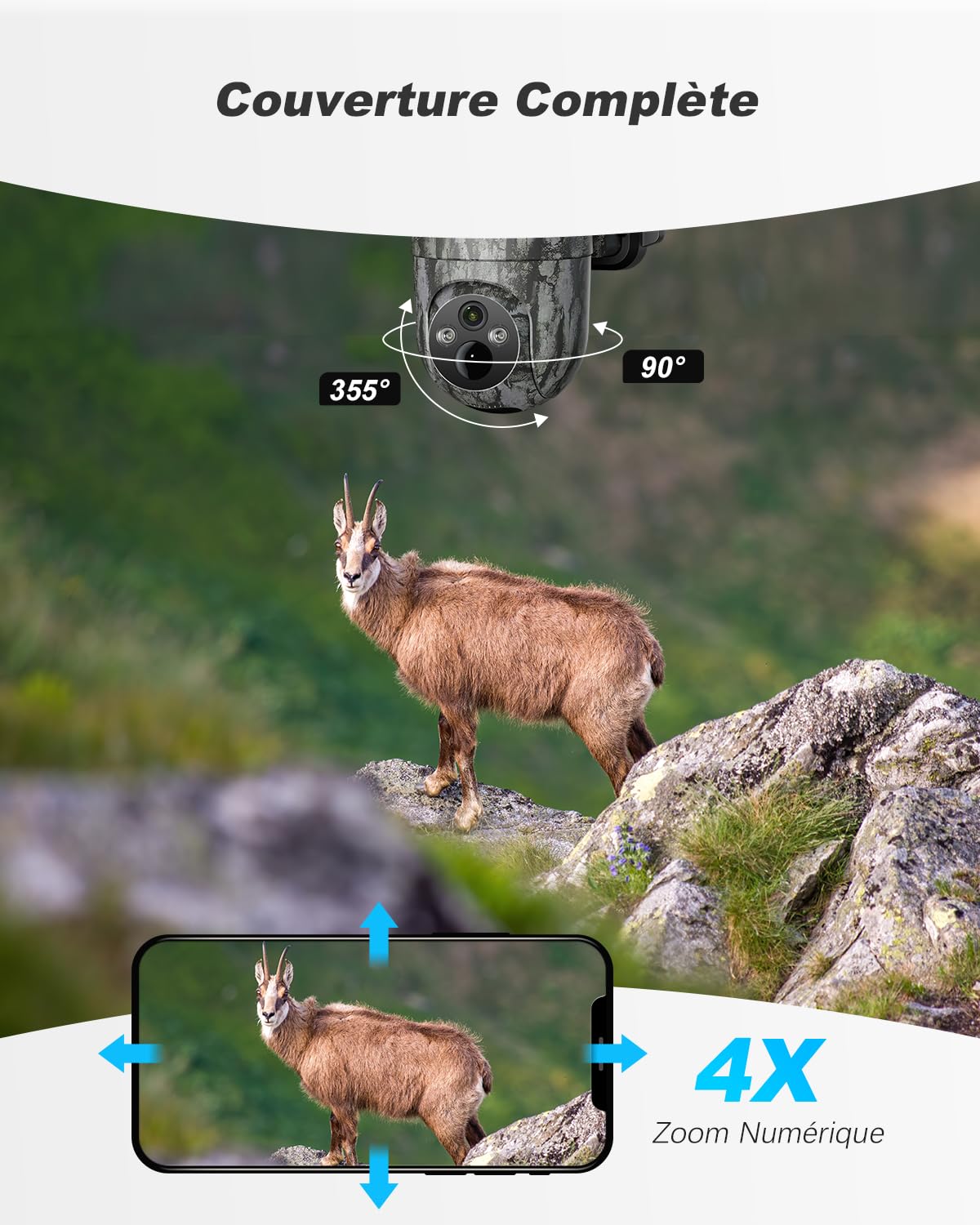 XEGA 4G LTE Camera de Chasse avec Carte Sim, 2K 3MP IP Caméra Solaire Extérieure sans Fil à Batterie, PTZ Projecteur/Sirène Détection de Mouvement Personnalisée