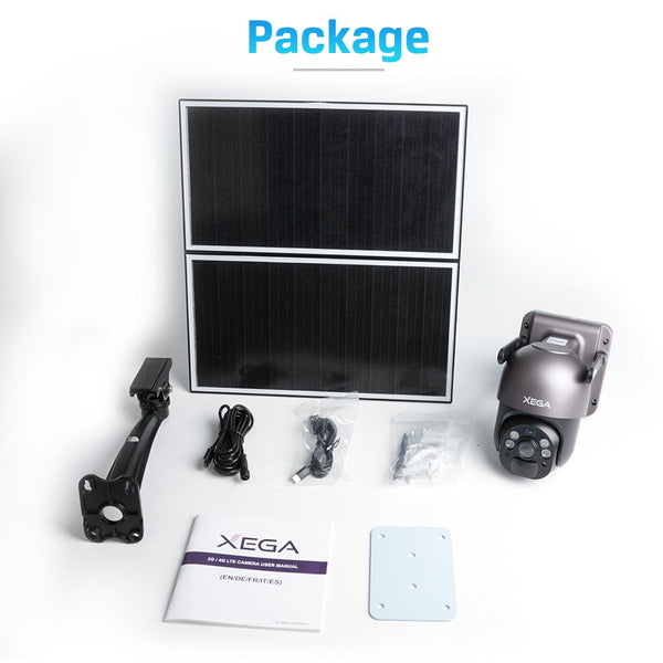 Xega Solar No WiFi Security Camera Wireless Outdoor 4G LTE Cellular Security Camera with 20W Solar Panel 20000mAh Built-in Battery - Xegatech