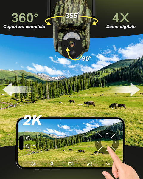 Xega XG-15 4G LTE Fotocamera da Caccia Solare, 2K PTZ Fototrappola, Telecamera Esterna con Pannello Solare e APP，Visione Notturna a Colori,per Animali