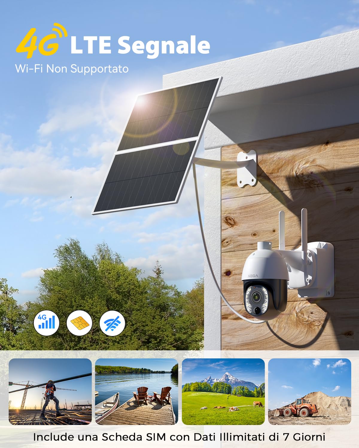Xega 5MP【10X Zoom Ottico】 4G LTE Telecamera con SIM 24/7 Registrazione