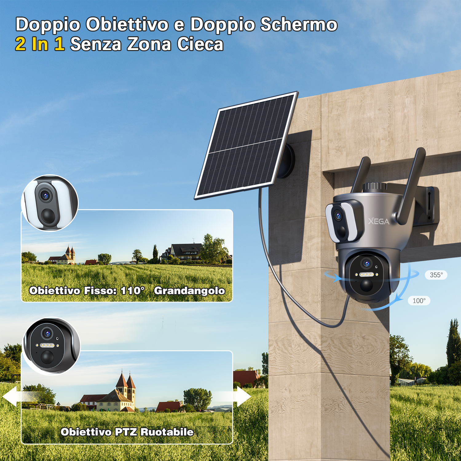 Xega 4G SIM Telecamera Esterno con Pannello Solare【Doppio Obiettivo】 14400mAh 2K HD PTZ Telecamere Senza Fili con Scheda SIM